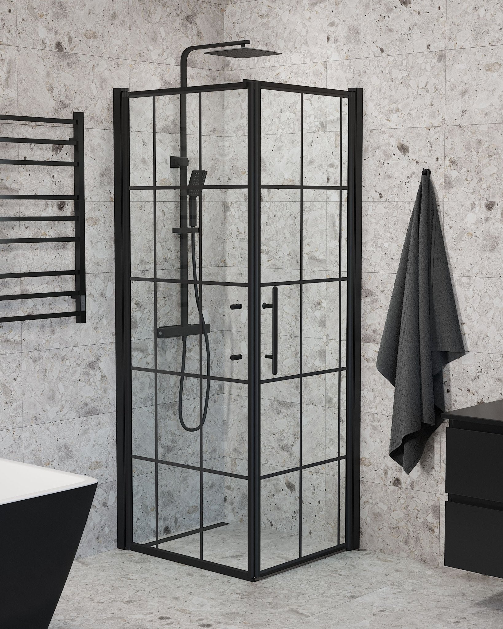 Fjäll Brusehjørne, Dør + Væg, Sort Profil, Klar Glas med Sprosser - HomeTomato - 40-708-00-59-00 -