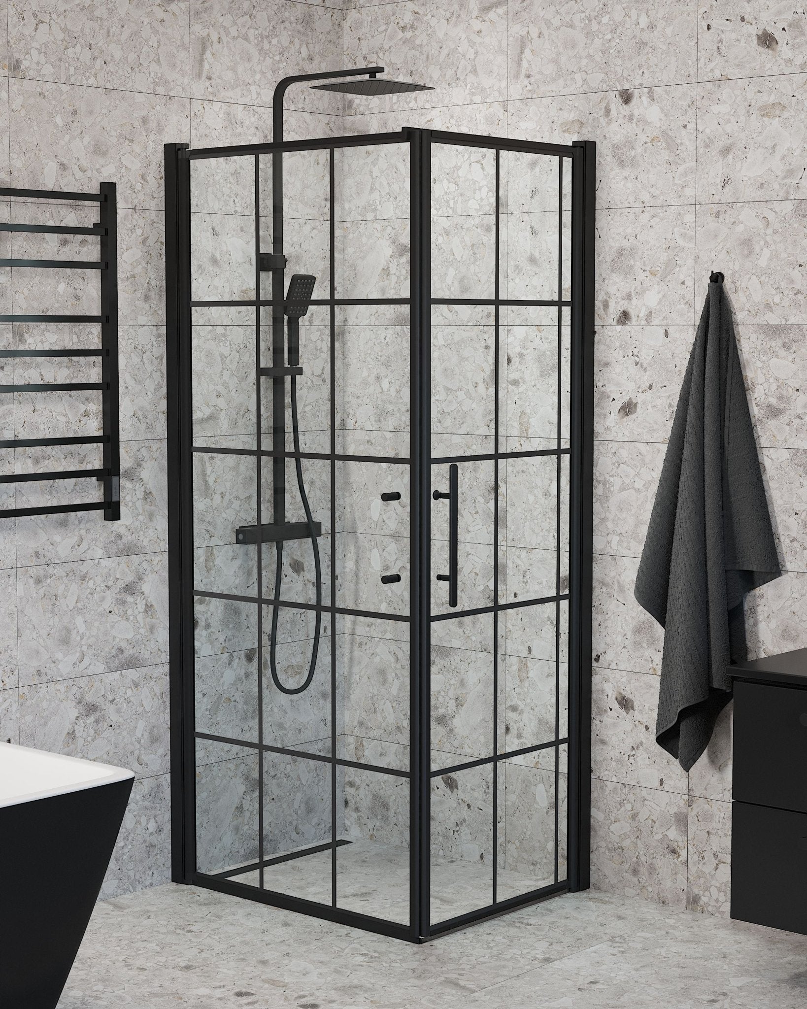 Fjäll Brusehjørne, Dør + Væg, Sort Profil, Klar Glas med Sprosser - HomeTomato - 40-709-00-59-00 - 8595677140514