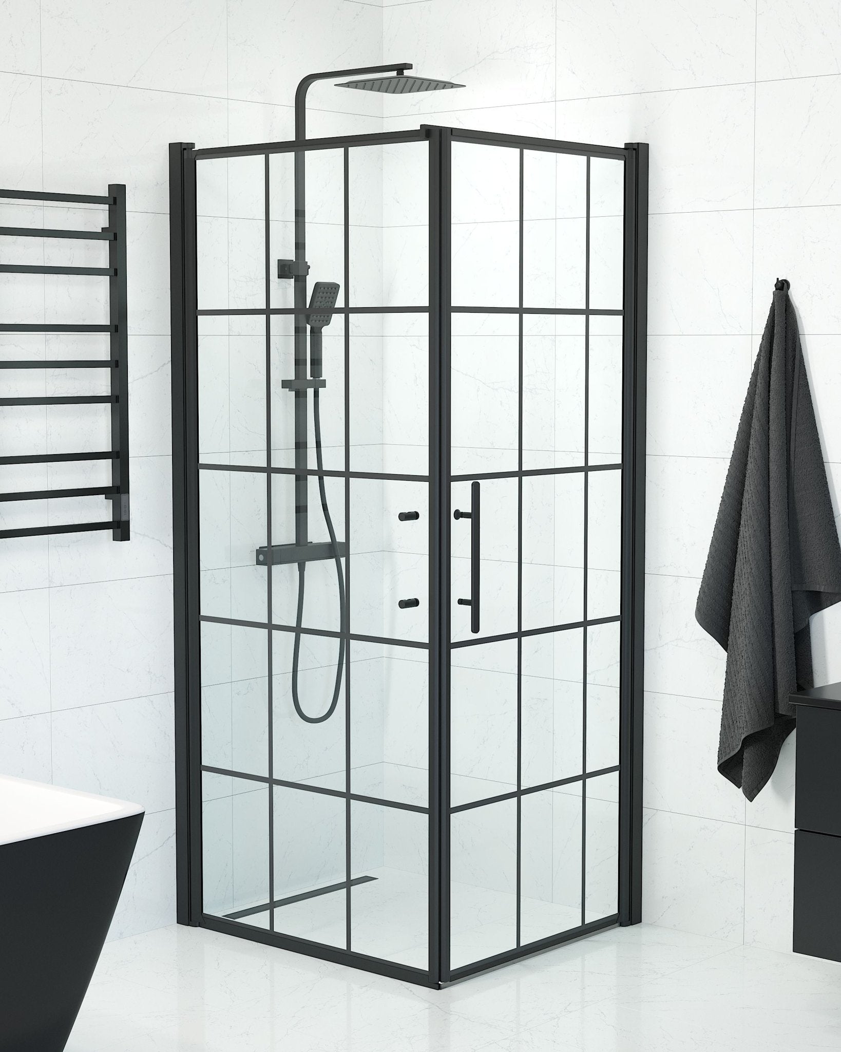 Fjäll Brusehjørne, Dør + Væg, Sort Profil, Klar Glas med Sprosser - HomeTomato - 40-908-00-59-00 - 8595677140569