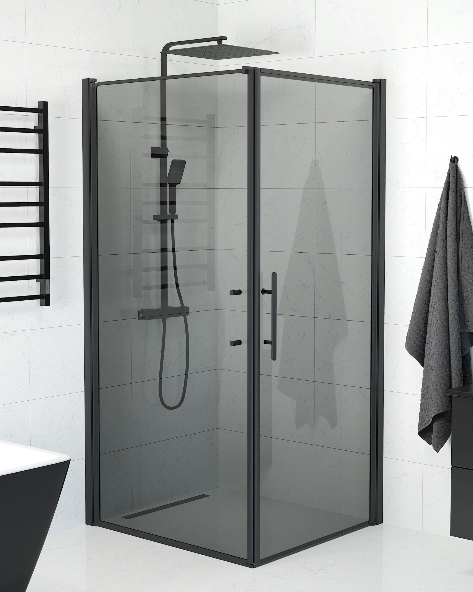 Fjäll Brusehjørne, Dør + Væg, Sort Profil, Tonet Glas - HomeTomato - 40-109-00-56-00 - 8595677140125