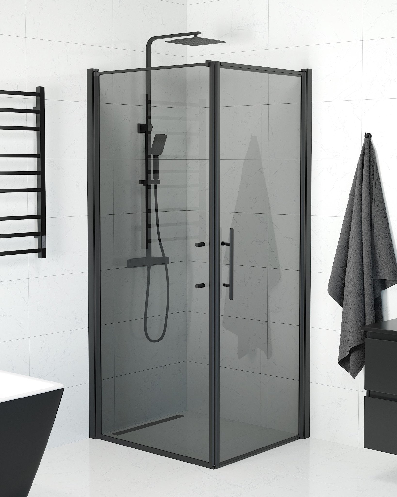 Fjäll Brusehjørne, Dør + Væg, Sort Profil, Tonet Glas - HomeTomato - 40-908-00-56-00 - 8595677139884