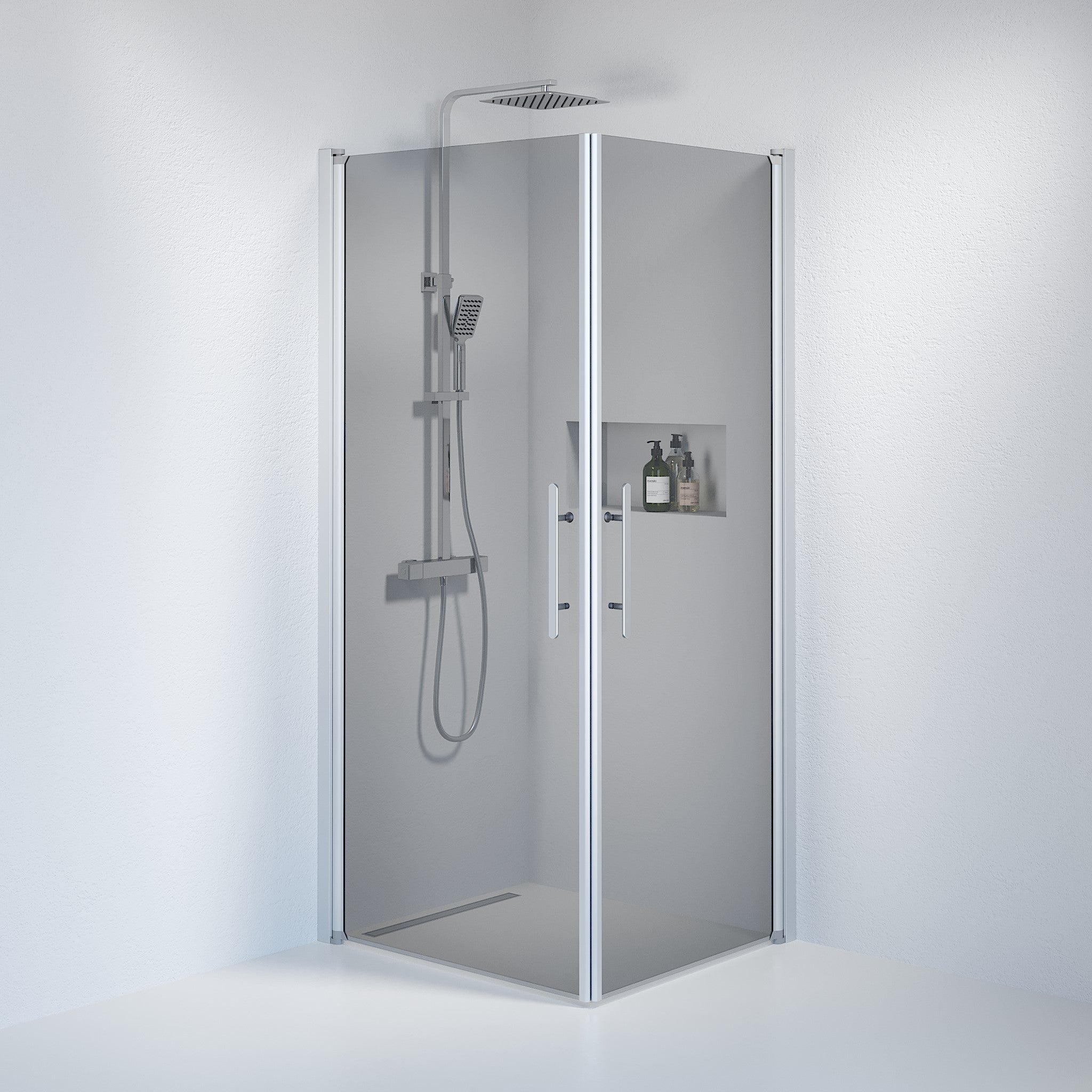 Fjäll Brusehjørne, Firkantet, Børstet Aluminium Profil, Tonet Glas - HomeTomato - 36-809-67-56-00 - 8595677120950