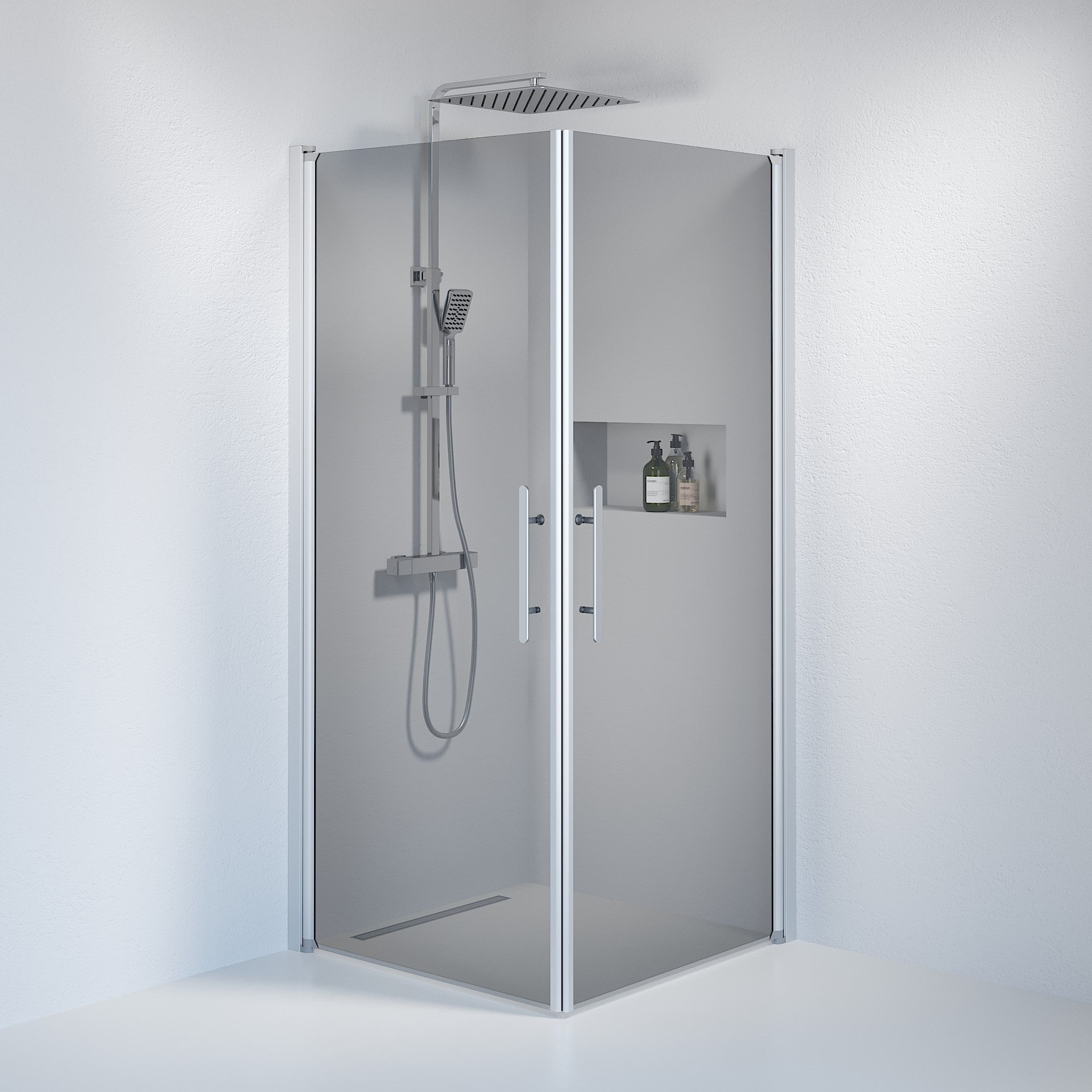 Fjäll Brusehjørne, Firkantet, Børstet Aluminium Profil, Tonet Glas - HomeTomato - 36-909-67-56-00 - 8595677121087