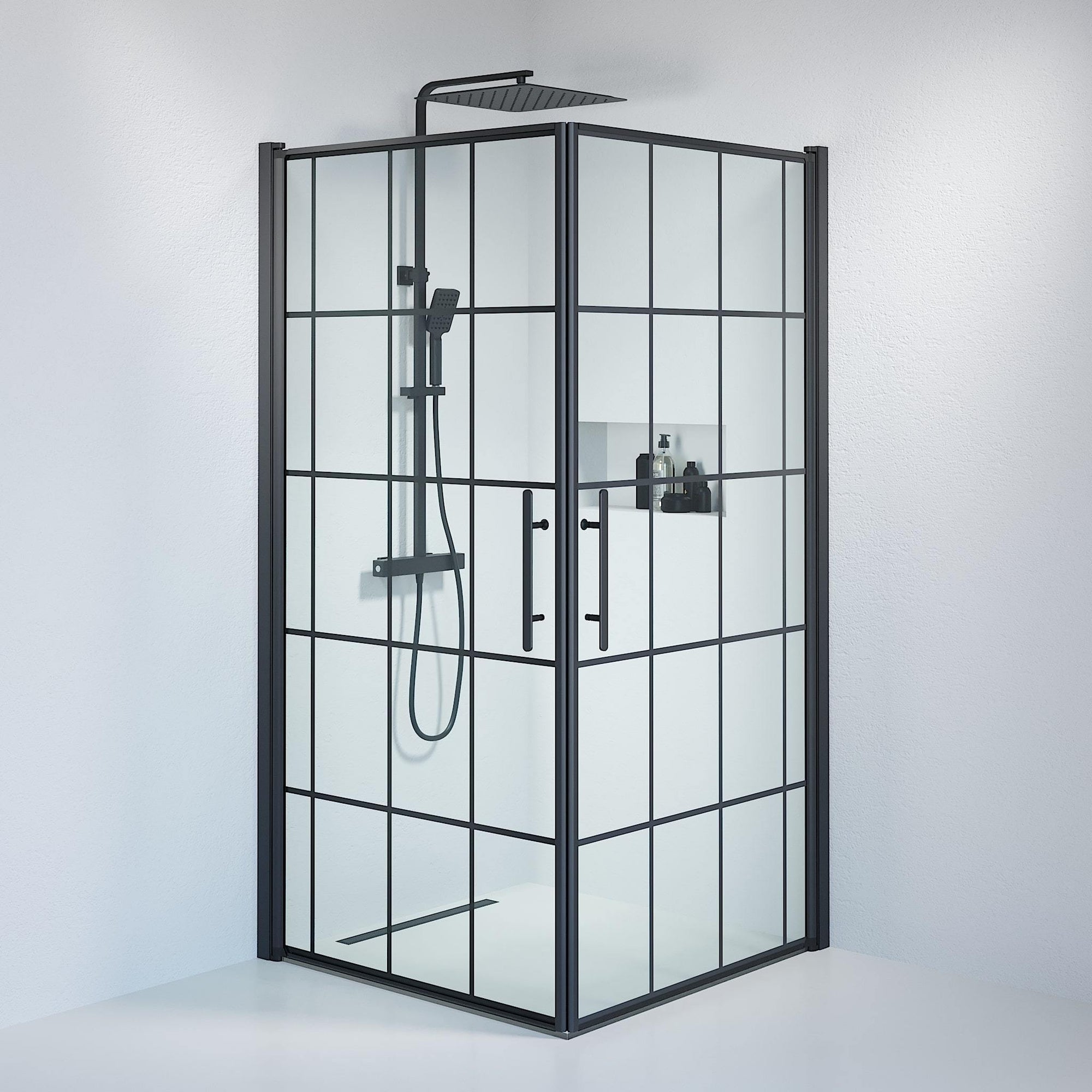 Fjäll Brusehjørne, Firkantet, Sort Profil, Klar Glas med Sprosser - HomeTomato - 36-101-02-49-01 - 8595677121261