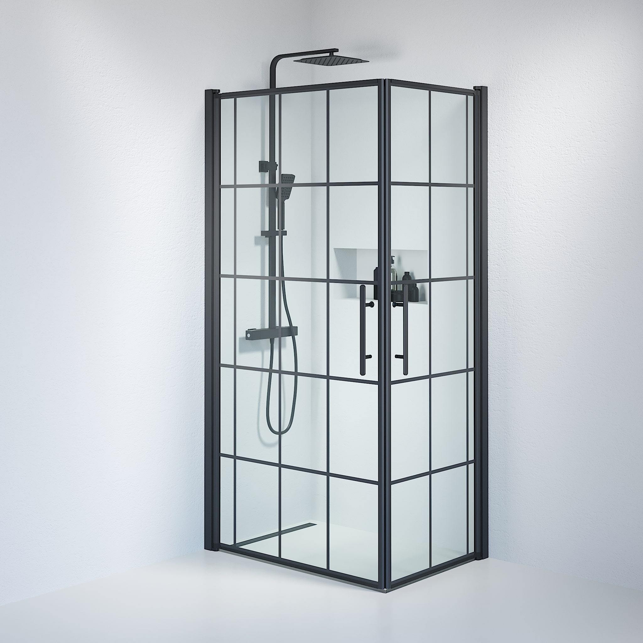 Fjäll Brusehjørne, Firkantet, Sort Profil, Klar Glas med Sprosser - HomeTomato - 36-701-02-49-01 - 8595677120226