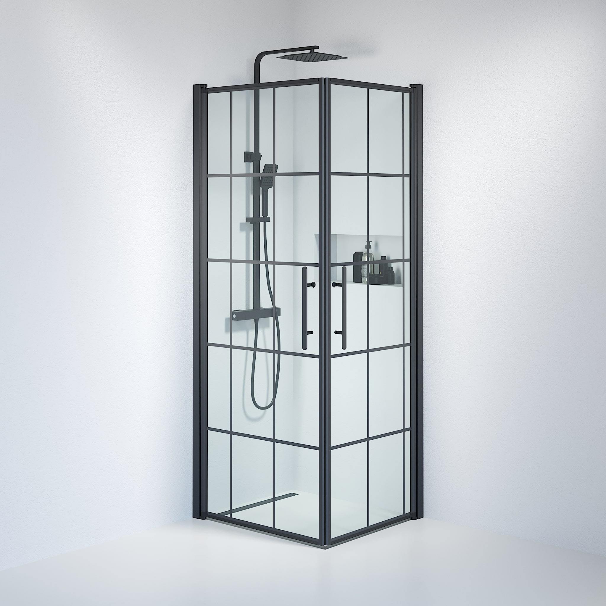 Fjäll Brusehjørne, Firkantet, Sort Profil, Klar Glas med Sprosser - HomeTomato - 36-708-02-49-01 - 8595677120356