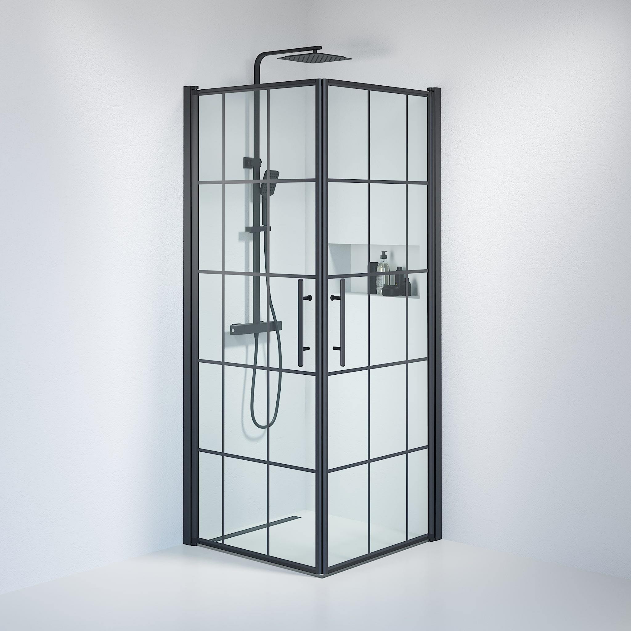 Fjäll Brusehjørne, Firkantet, Sort Profil, Klar Glas med Sprosser - HomeTomato - 36-808-02-49-01 - 8595677120745