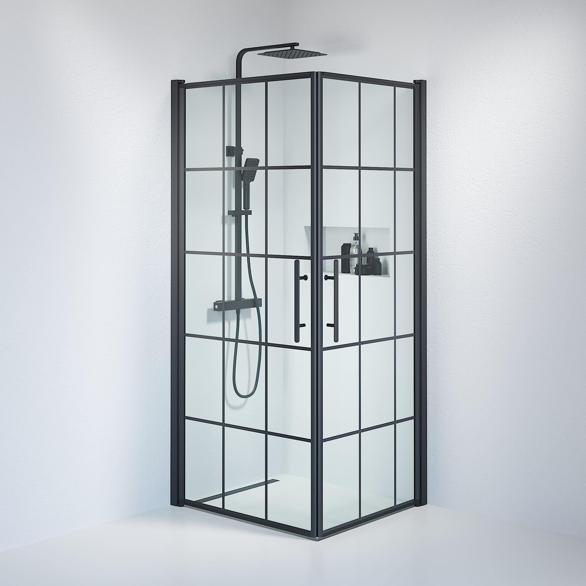 Fjäll Brusehjørne, Firkantet, Sort Profil, Klar Glas med Sprosser - HomeTomato - 36-809-02-49-01 -