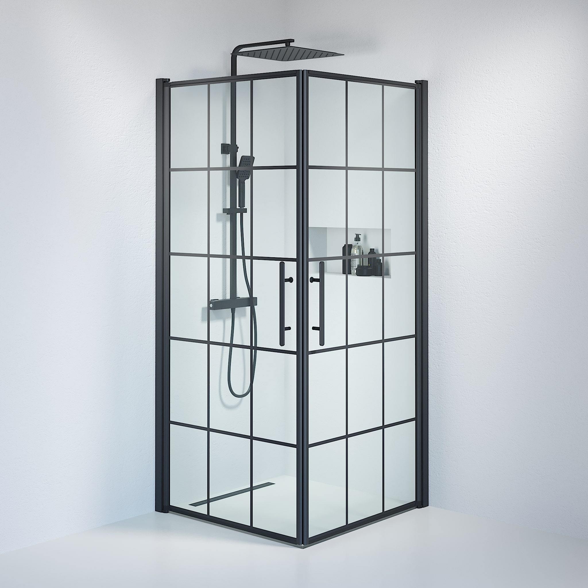 Fjäll Brusehjørne, Firkantet, Sort Profil, Klar Glas med Sprosser - HomeTomato - 36-909-02-49-01 - 8595677121001