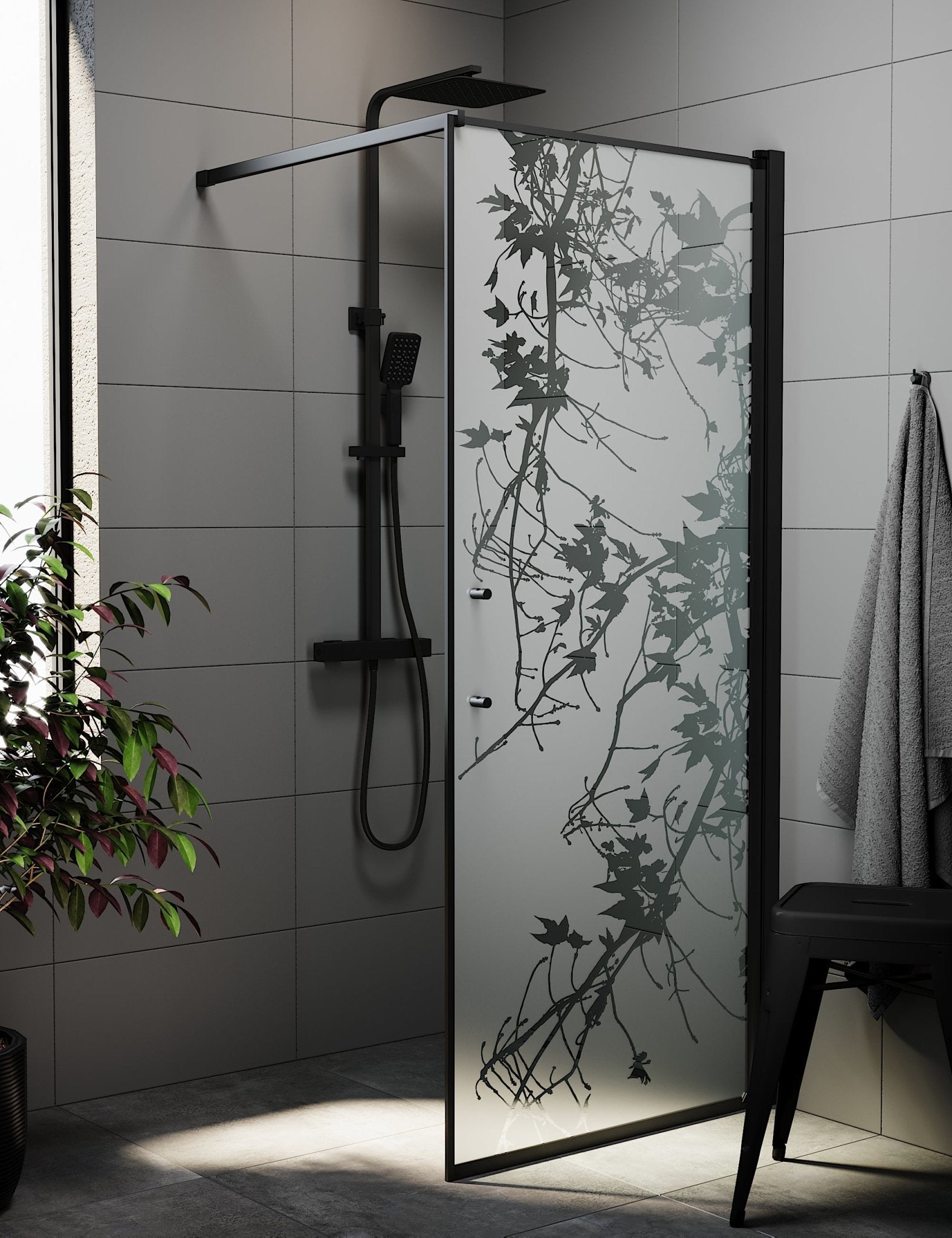 Fjäll Brusevæg, Sort Profil, Frostet Decor Glas - HomeTomato - 39-090-02-54-00 - 8595677121629